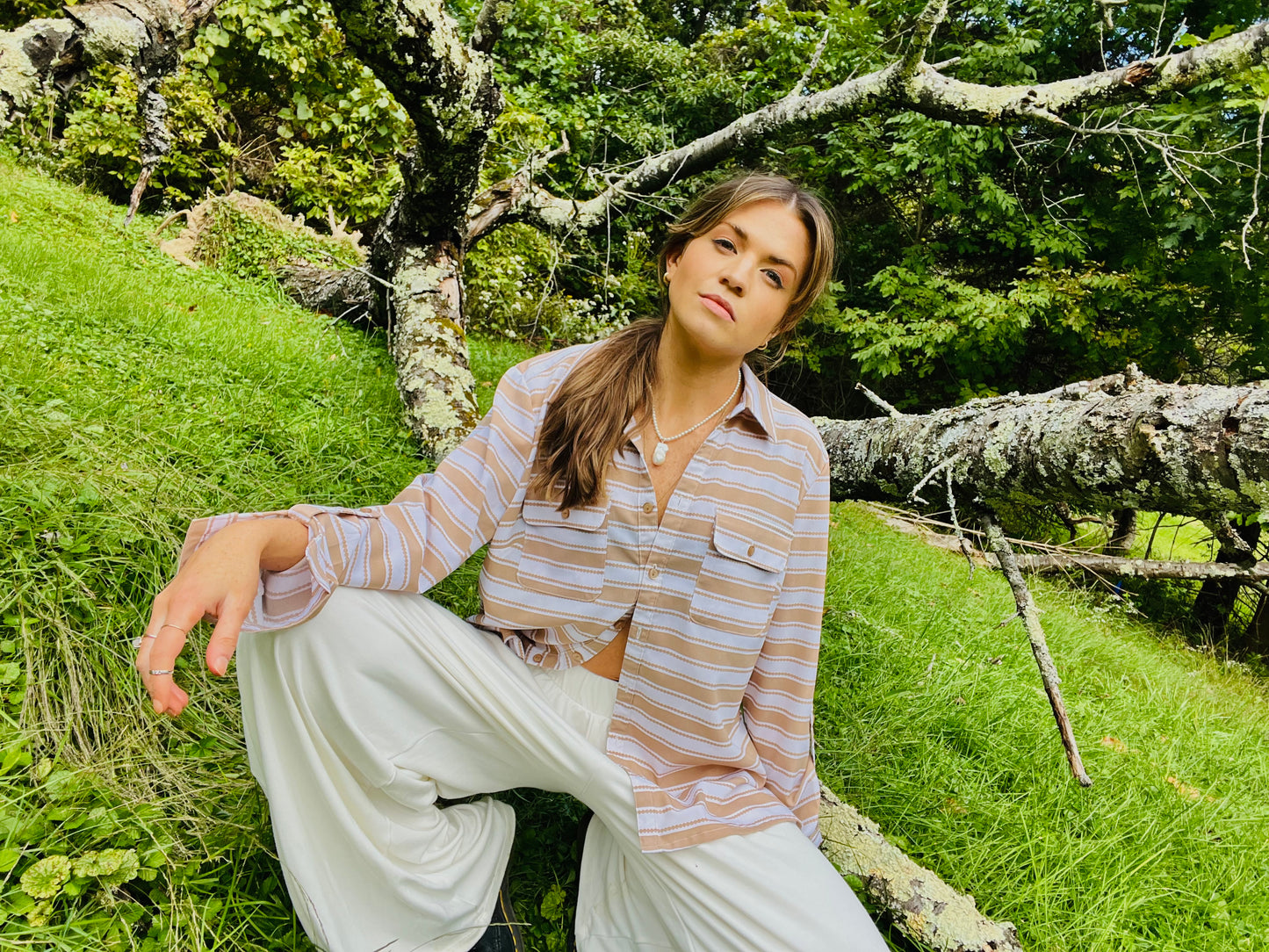 Beige and White Striped Button Down