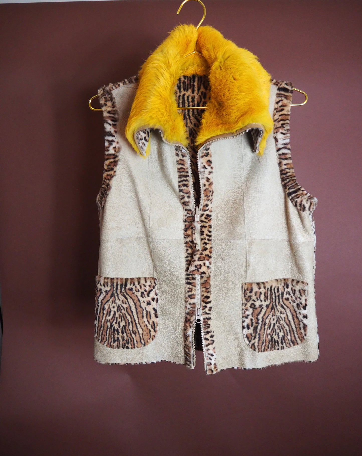 Leopard and Yellow Fur Collar Vest