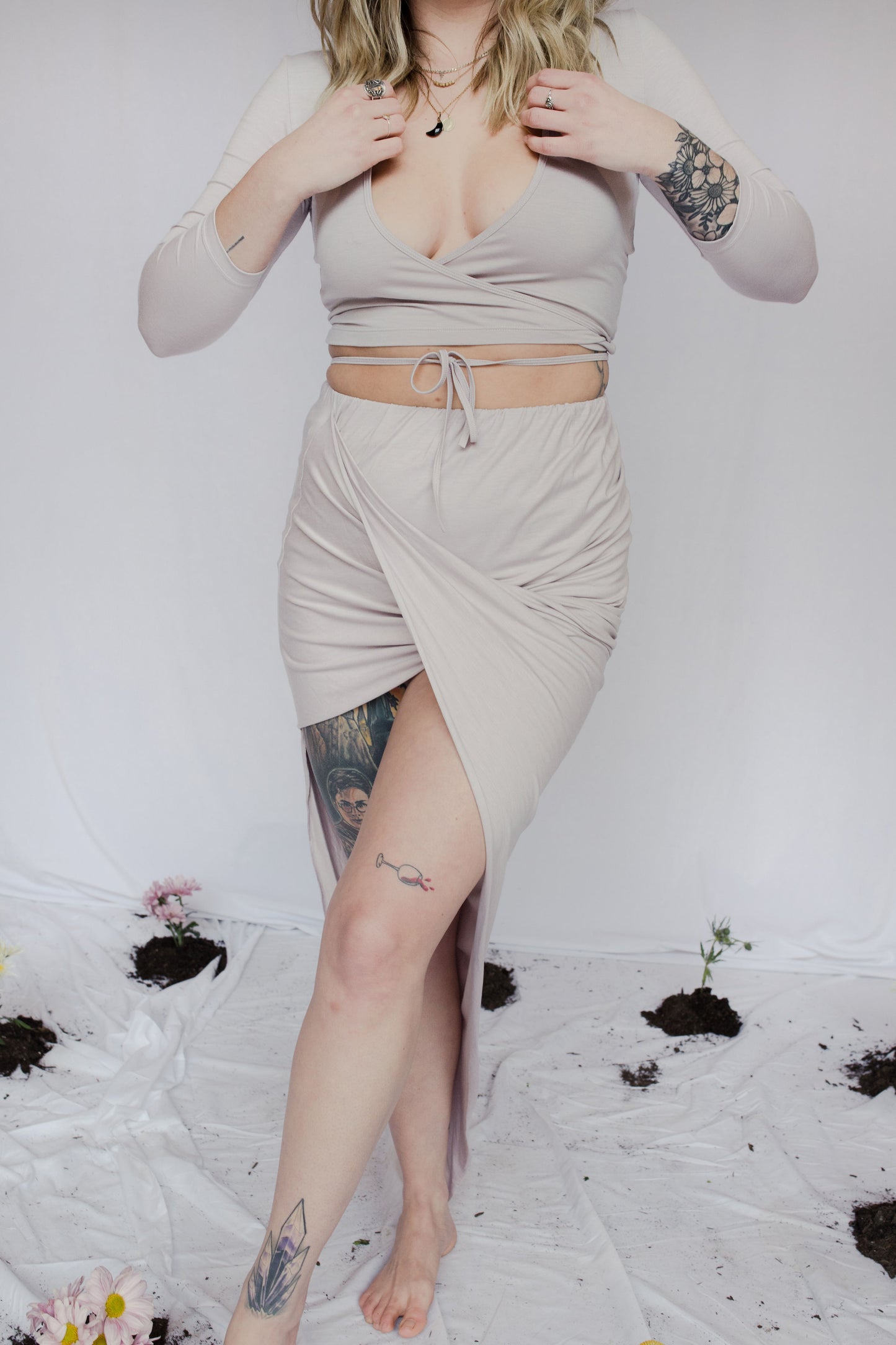 image of model in sia wrap top