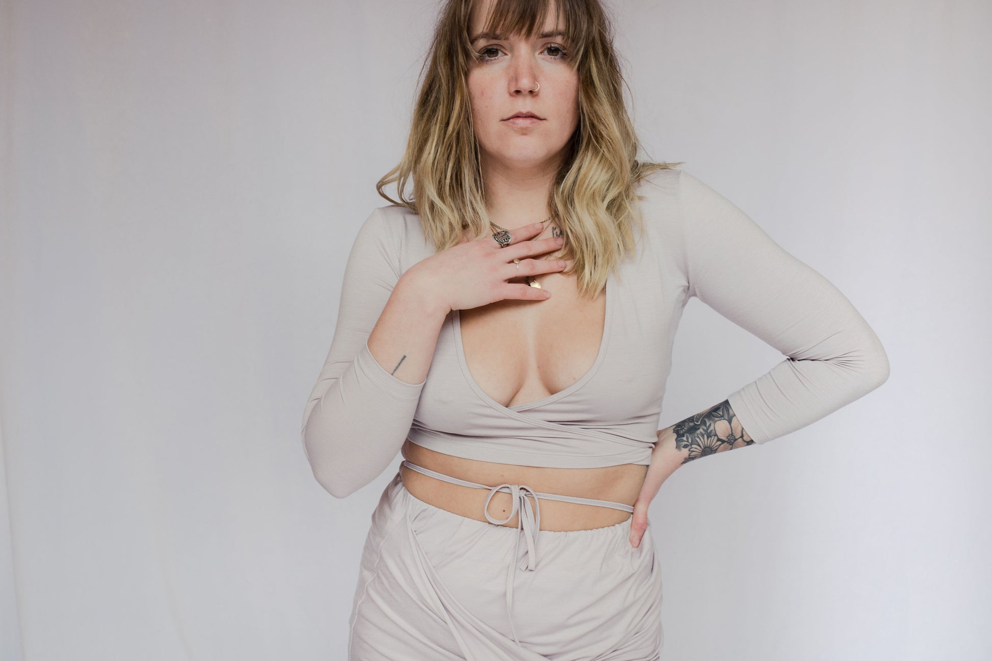 image of model wearing sia wrap top