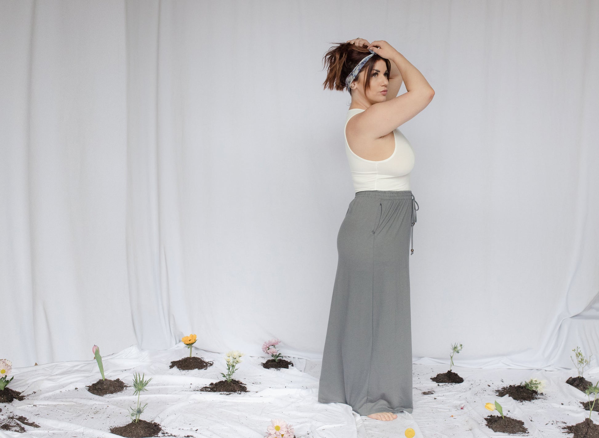 image of model wearing natural dye silk bandana 