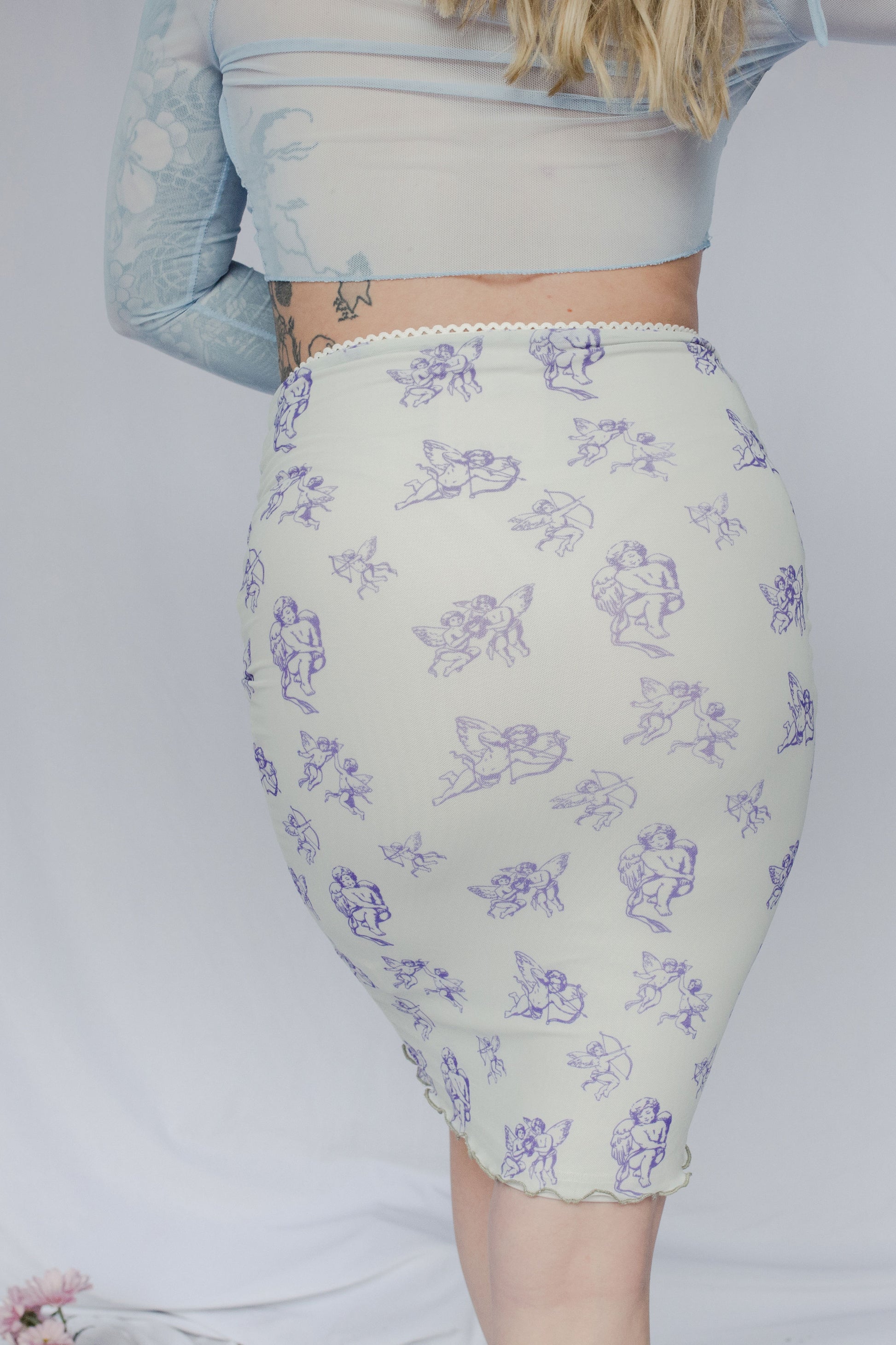 image of blue cupid midi lettuce skirt on model