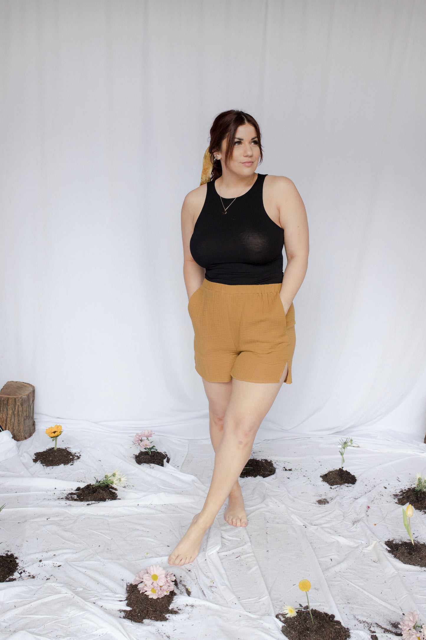 model wearing double gauze side slit shorts