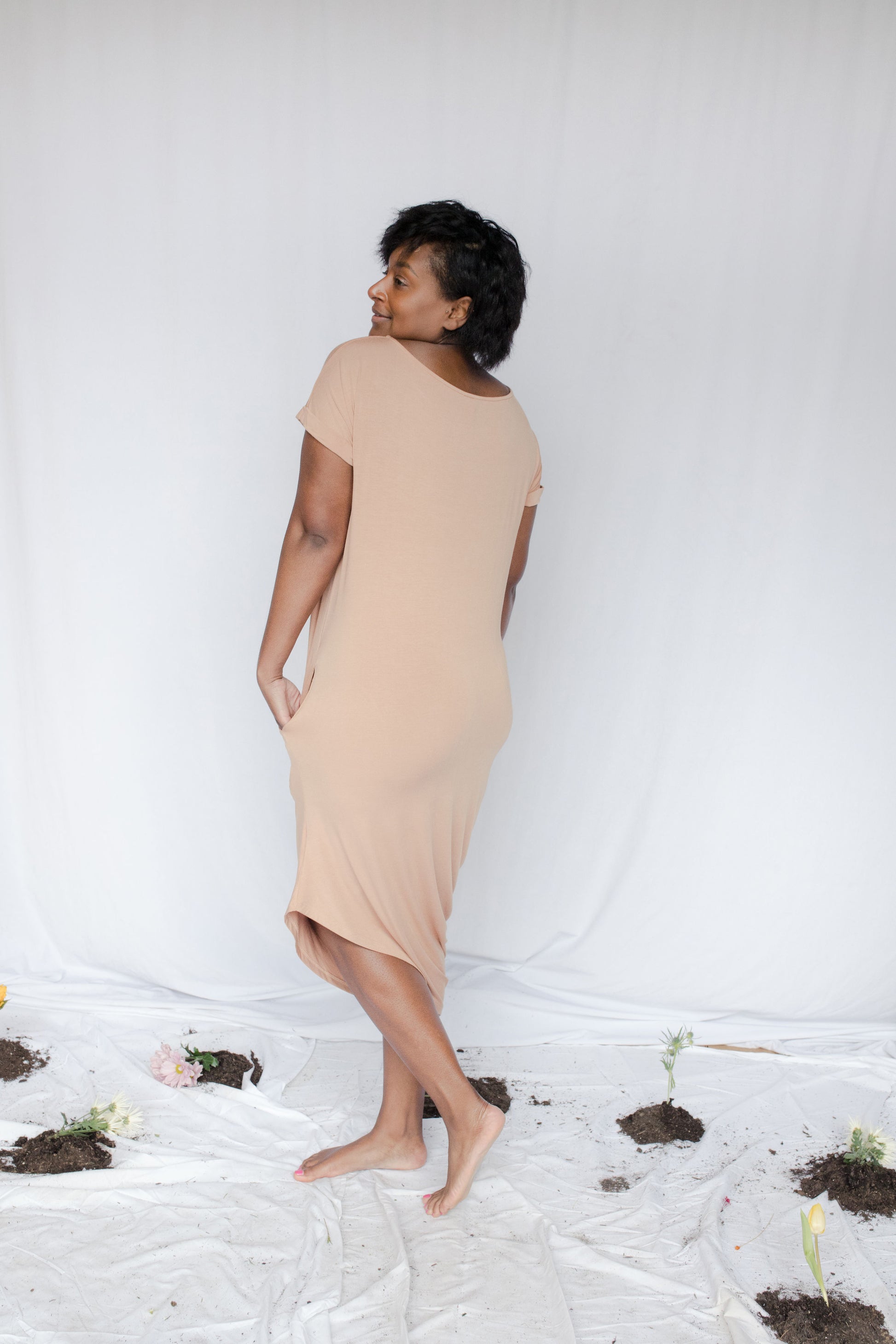 image of model in bamboo asymmetric dress