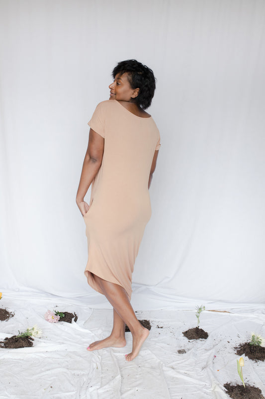 image of model in bamboo asymmetric dress
