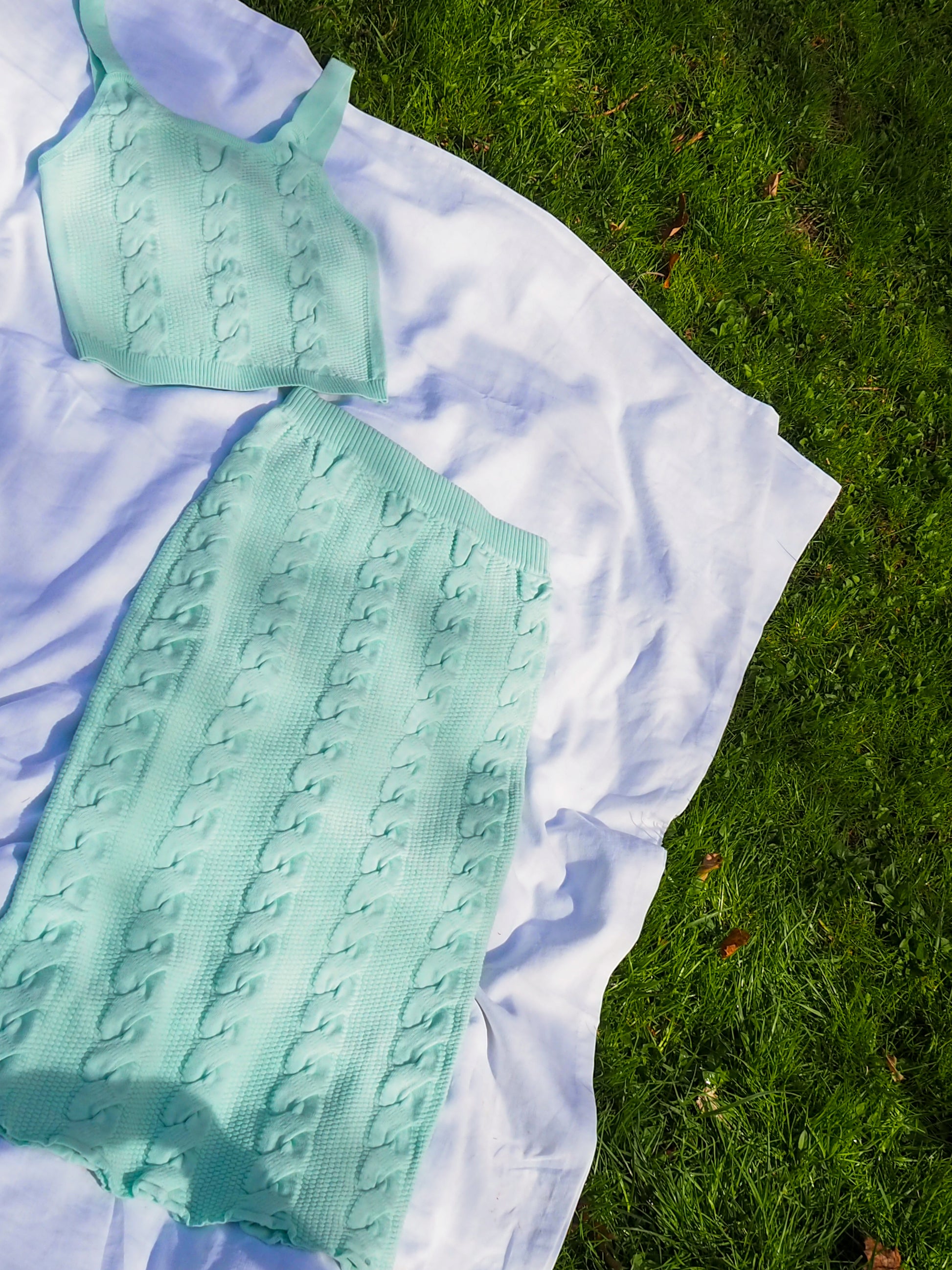 Image of Bergamot Knit set. Flatlay.